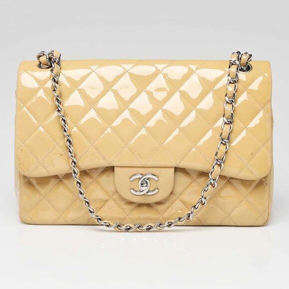 Chanel Beige Quilted Patent Leather Classic Jumbo Double Flap Bag - Picture 1 of 10